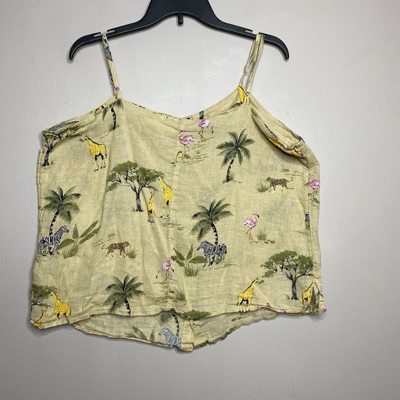 Old Navy Tank Top Women Sz XL Tan Linen Animal Print Safari Zoo Giraffe Flamingo - Picture 2 of 12